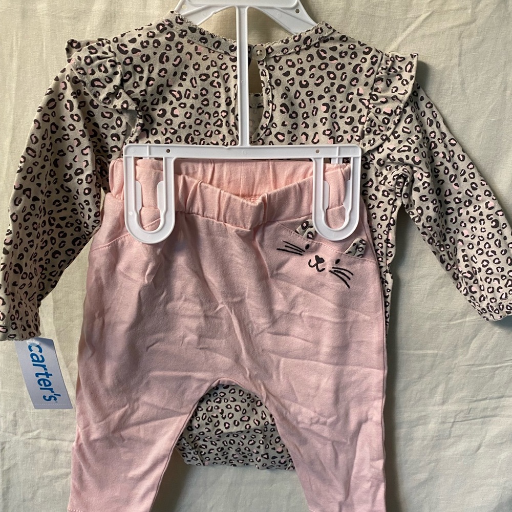 BNWT Carter's Pink and Beige Leopard Print Top with Pink Cat Face Pants Set